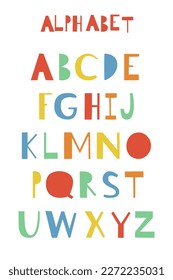 Handdrawn vector english alphabet in cut out style. ABC poster. Latin, roman letters. Childish, handmade style. Castomized colors. For banners, quotes, advertising, posters, cards, invitations. 