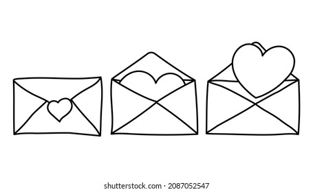Hand-drawn vector envelopes with hearts in doodle style.