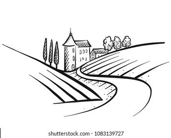 Hand-drawn vector farmland sketch. Landscape and Houses with path.