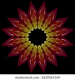 Hand-drawn vector floral mandala with layered leaf petals in warm gradient tones. Symmetrical decorative ornament isolated on black background.