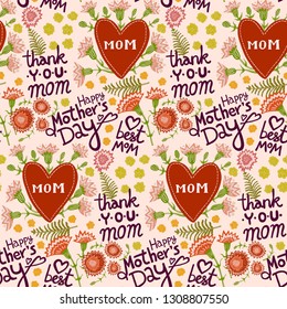 Hand-drawn vector floral pattern with hearts, carnations, fern, other flowers on beige background, text Happy Mother's Day, Best Mom, Thank You Mom. Naive, childish style. Gift wrapping, background.