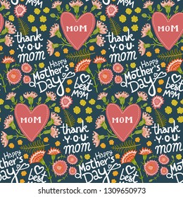 Hand-drawn vector floral pattern with hearts, carnations, fern, other flowers on dark background, text Happy Mother's Day, Best Mom, Thank You Mom. Naive, childish style. Gift wrapping, background.