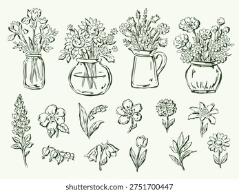 Hand-drawn vector flower set in sketch style. Spring and summer flowers in vases, jars, and standalone blooms. Decorative floral clipart for prints, cards, and designs