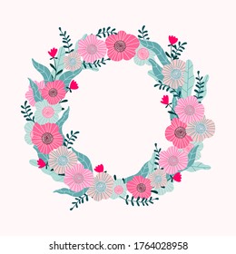 Hand-drawn vector flower wreath. Isolated illustrated element for card and print design. Beautiful  simple pink flowers and leaves combined into a floral frame.