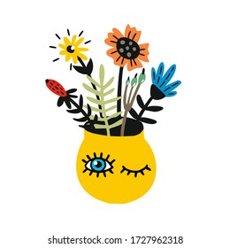 Hand-drawn vector flowers in a yellow vase with blue eyes.