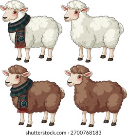Vector dibujado a mano de ovejas blancas y marrones esponjosas en bufandas a cuadros, estilo de dibujos animados, colores suaves.