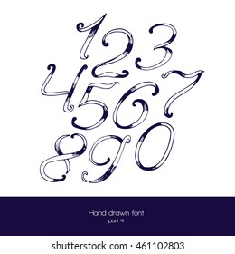 Handdrawn vector font in navy blue and white, isolated on white background. Numbers sequence from 0 to 9. Hand drawn with brush painted digits good for education and count