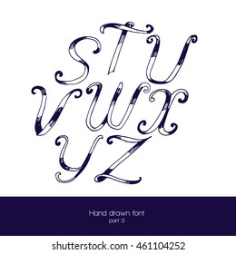 Handdrawn vector font in navy blue and white, isolated on white background. Letter sequence from s to z. Hand drawn with brush painted abc letters, good for lettering design