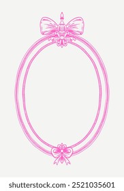 Hand-drawn vector frame with elegant bows and ribbons in a minimalist, girly style. Perfect for wedding invitation, birthday card. Includes pink, boho, and baroque elements in a classic, feminine