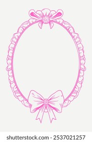 Hand-drawn vector frame with elegant bows and ribbons in a minimalist, girly style. Perfect for wedding invitations, birthday cards. Includes pink, boho, and baroque elements in a classic, feminine