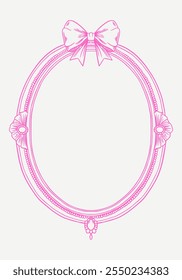 Hand-drawn vector frame with elegant bows and ribbons in a minimalist, girly style. Perfect for wedding invitations, birthday cards. Includes pink, boho, and baroque elements in a classic, feminine 