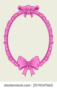 Hand-drawn vector frame with elegant bows and ribbons in a minimalist, girly style. Perfect for wedding invitations, birthday cards. Includes pink, boho, and baroque elements in a classic, feminine