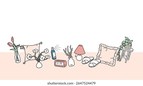 Ilustração de quadro vetorial desenhado à mão de bens interiores, almofadas, talheres, plantas de casa, etc.