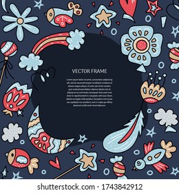 Hand-drawn vector frame template. Doodle illustration of funny elements with space for text. Decor for invitations, greeting cards, posters, and decor.	