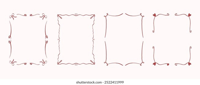 Hand-drawn vector frames with hearts and ribbons for romantic and festive designs. Decoration for Valentine’s Day, wedding invitations, love-themed cards, or gift packaging designs