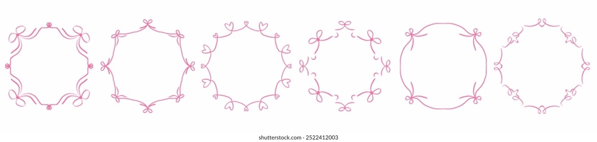 Hand-drawn vector frames with hearts and ribbons for romantic and festive designs. Decoration for Valentine’s Day, wedding invitations, love-themed cards, or gift packaging designs