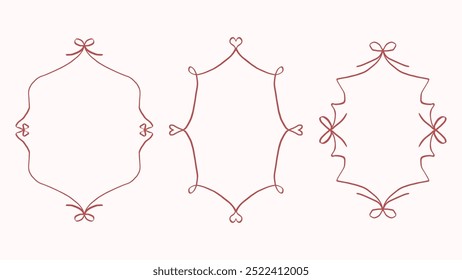 Hand-drawn vector frames with hearts and ribbons for romantic and festive designs. Decoration for Valentine’s Day, wedding invitations, love-themed cards, or gift packaging designs