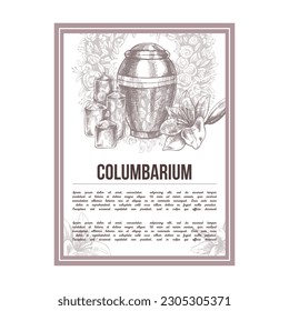 A hand-drawn vector funeral service banner.  Sketch illustration for condolence card and advertising of columbarium and cemetry with urn for ashes, vintage tombstone angel, wreath, cross