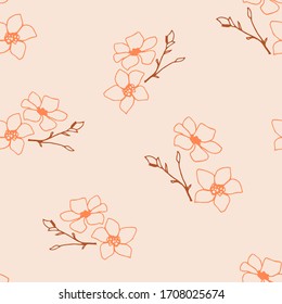 Hand-drawn vector gentle calm light seamless pattern in rural style. Simple orange flowers, twigs on a pale pink background. For prints of fabric, textile products, wallpaper.