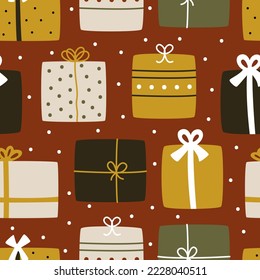 Hand-drawn vector gift boxes in hygge style for New Year and Christmas holidays on a red background. Seamless pattern for fabric, scraper, or wrapping paper