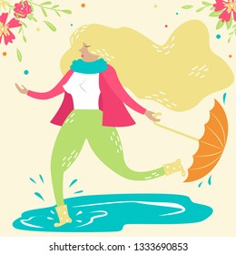 Hand-drawn vector girl walks in the rain with an umbrella and walks through the puddles.
 Springtime