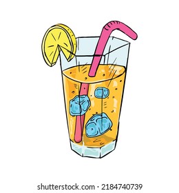 A Hand-drawn Vector Glass With Carbonated Lemonade, A Pink Tube, Blue Ice Cubes And A Yellow Lemon On A White Background. Isolated.