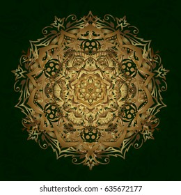Handdrawn vector Gold Mandala seamless pattern. Magic vintage template: greeting, print, cloth, fabric. Arabic, indian, turkish and ottoman culture decoration style. Ethnic ornament on green backdrop.