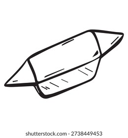 Hand-drawn vector graphic of a candy wrapped in clear packaging. The candy has a rectangular shape with pointed ends, showcasing a simple design.