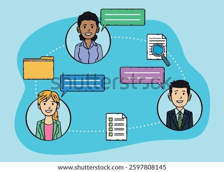 Hand-drawn vector graphic of employees chatting online and sending files, checklists and folders with data. The characters have speech bubbles next to them. Doodle style graphic.