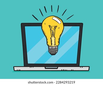 Hand-drawn vector graphic showing a laptop along with a light bulb of ideas displayed on the screen. Colorful doodle illustration. 