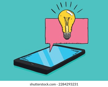 Hand-drawn vector graphic showing a mobile phone along with a light bulb of ideas. Colorful doodle illustration. 