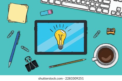 Hand-drawn vector graphic showing a tablet along with a light bulb of ideas displayed on the screen. Colorful doodle illustration. 
