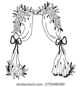 Hand-drawn vector graphic of a wedding party arch adorned with bows and flowers. The design features elegant drapes and floral arrangements.