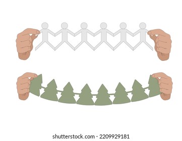 hand-drawn vector graphics , hands holding paper men and paper Christmas trees