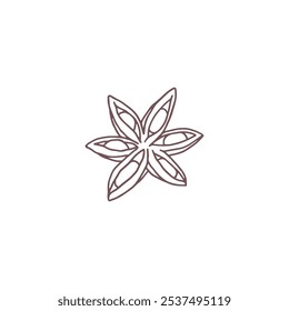 Gráficos de Vector dibujados a mano de semillas de anís estrellado, enfatizando la forma única y el uso como condimento. Ideal para un menú con platos fragantes sobre un fondo blanco