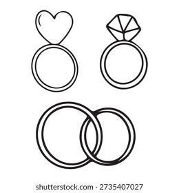 Hand-drawn vector graphics of a wedding ring set featuring a heart-shaped ring, a diamond ring, and two interlocking bands.