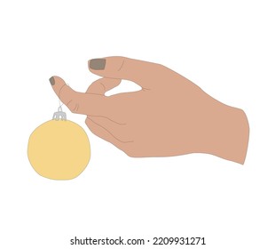 Hand-drawn Vector Graphics , A Woman's Hand Holding A Yellow Christmas Ball For Decorating A Christmas Tree