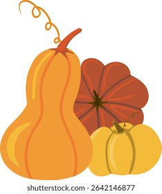 Vetor desenhado à mão  ilustração de um grupo de abóboras e cabaças de outono variadas em tons de laranja, amarelo e marrom-avermelhado. Ideal para outono, Ação de Graças, gráficos de colheita, impressões sazonais.