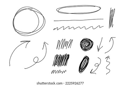 Handdrawn vector grunge pencil chalk brush stroke set of sketches and illustrations of arrows, marks,hearts,circles. Ideal for print, stickers, collage, graphic design and other creative projects.