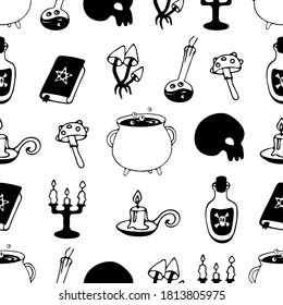 
Hand-drawn vector Halloween theme doodle pattern in black with illustrations of potions, cauldron, candlesticks, poison,  esoterica book, mushrooms, skull on a white background.