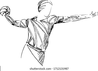 Hand-drawn vector of a handball player in dynamic throwing motion, with stylized musculature and expressive black ink lines on a white background.