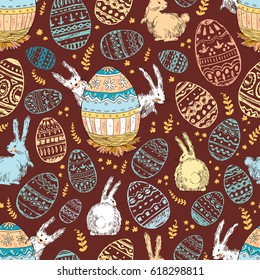Handdrawn vector happy easter seamless pattern with big decorated egg and cute white bunnies look out for egg. Bunny looks, bunny sits back. Dark background, bright warm colors. 
