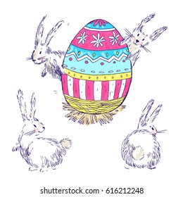 Handdrawn vector happy easter set with big decorated egg and cute white bunnies look out for egg. Bunny looks, bunny sits back. Bright pink, blue and yellow colors. Cute child drawn style.