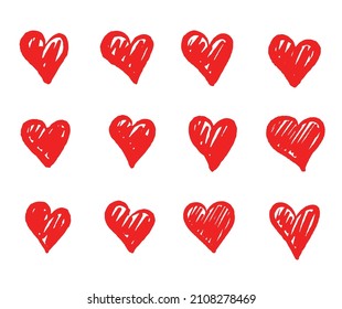 Hand-drawn vector heart shapes set.