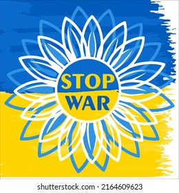 Eine handgezeichnete Vektorgrafik, die auf weißem Hintergrund hervorgehoben wird, ist eine ukrainische Flagge mit einer Inschrift in nationalen Farben mit einem Aufruf, den Krieg zu beenden. Der bewaffnete Konflikt in der Ukraine muss beendet werden