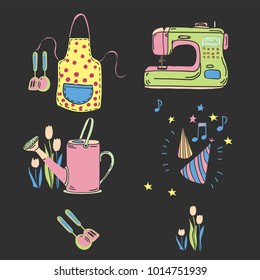 Hand-drawn vector Hobby illustration. Sewing machine, watering can, flowers, apron and cooking tools. Pastel colored, doodle style, seamless print,great for textile, wrapping paper, stationery. 