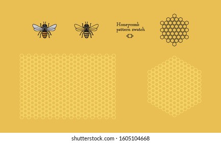 Hand-drawn vector honey bee and 
honeycomb with seamless honeycomb pattern