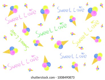 Hand-drawn vector ice cream and sweet love label on a white background