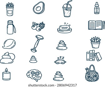 Hand-drawn vector icon collection featuring wellness, healthy lifestyle, nutrition, meditation, self-care, spa, yoga, organic food, books, beverages, aromatherapy, and natural living symbols. Perfect for wellness brands, health blogs, fitness apps, nutrition guides, yoga studios, organic businesses, websites, mobile apps, social media, presentations, and lifestyle marketing materials.

#Wellness #HealthyLifestyle #SpaIcons #Meditation #Nutrition #SelfCare #OrganicFood #Yoga #HandDrawnIcons #Lifestyle #Health #Mindfulness #NaturalLiving #VectorIllustration #GraphicDesign #AdobeStock #StockIllustration #IconSet #Wellbeing #HealthyLiving