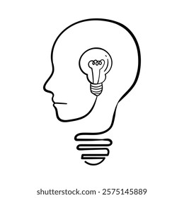 Hand-drawn vector icon for Creativity and Knowledge. Depicting a brain inside a lightbulb to represent intelligence, ideas, and mental clarity.